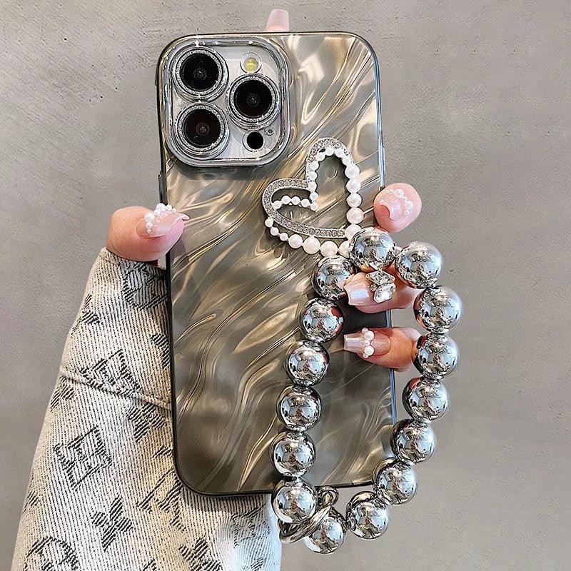 TSP199 Cute Phone Cases For iPhone 15, 14, 11, 12, 13 Pro Max and Plus - With Bead Bracelet Chain, 3D Glitter Heart Pattern - Touchy Style