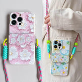 TSP201 Cute Phone Cases For iPhone 15, 14, 13, 12, 11 Pro Max, X, XR, XS Max, 8, 7 Plus, and SE - Flower Back Cover With Lanyard Crossbody - Touchy Style