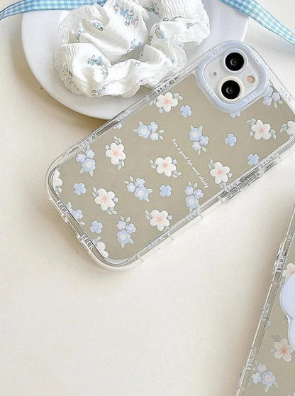 TSP22 Cute Phone Cases for iPhone 15 Pro Max, 14, 13, 11, and 12 - Blue Flowers Mirror Hard Cover - Touchy Style