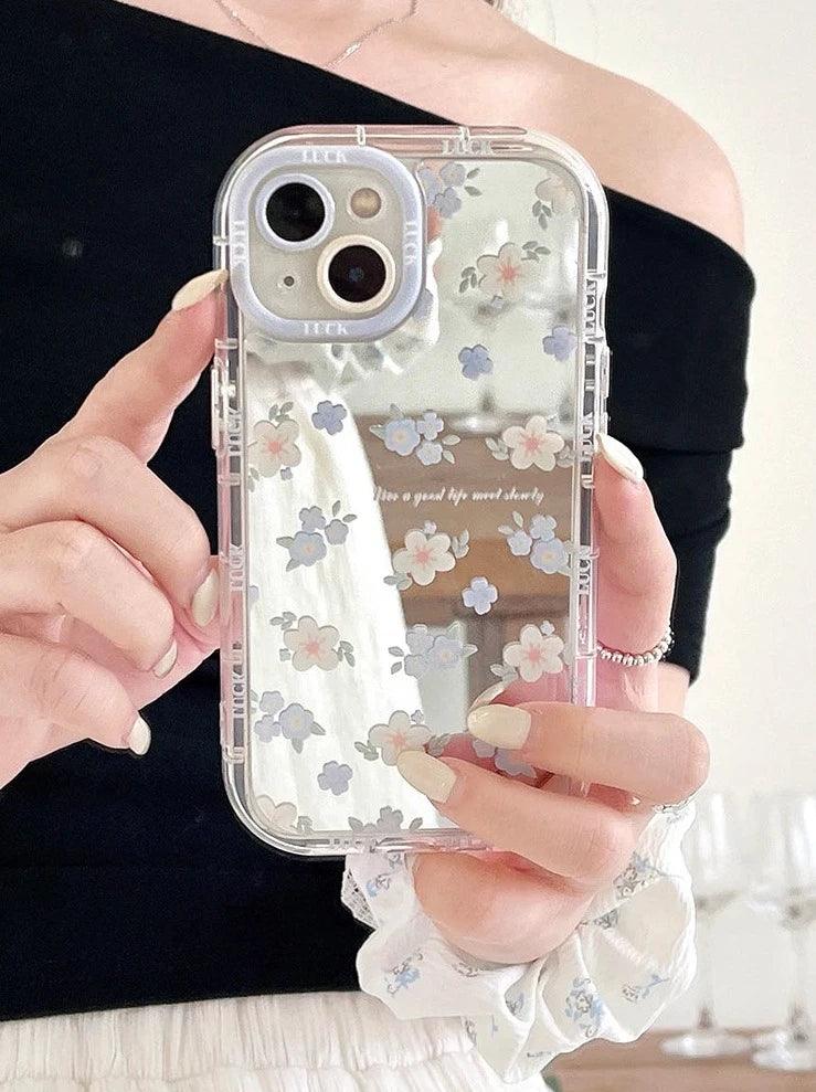 TSP22 Cute Phone Cases for iPhone 15 Pro Max, 14, 13, 11, and 12 - Blue Flowers Mirror Hard Cover - Touchy Style