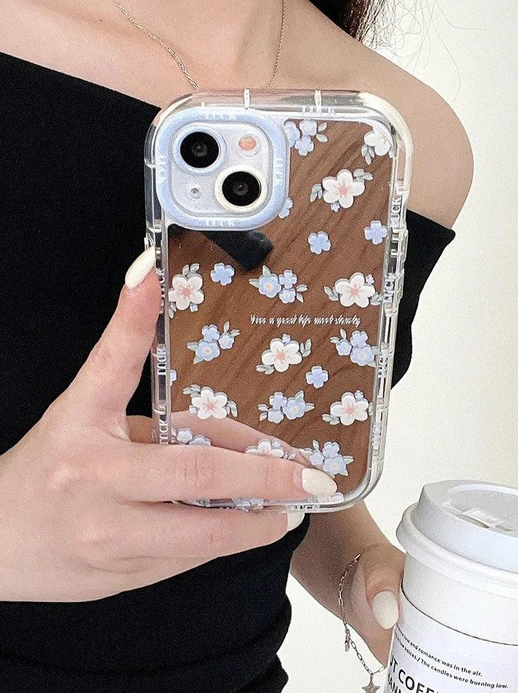 TSP22 Cute Phone Cases for iPhone 15 Pro Max, 14, 13, 11, and 12 - Blue Flowers Mirror Hard Cover - Touchy Style