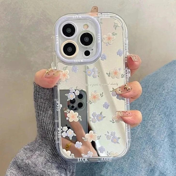 TSP22 Cute Phone Cases for iPhone 15 Pro Max, 14, 13, 11, and 12 - Blue Flowers Mirror Hard Cover - Touchy Style