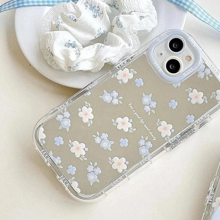 TSP22 Cute Phone Cases for iPhone 15 Pro Max, 14, 13, 11, and 12 - Blue Flowers Mirror Hard Cover - Touchy Style