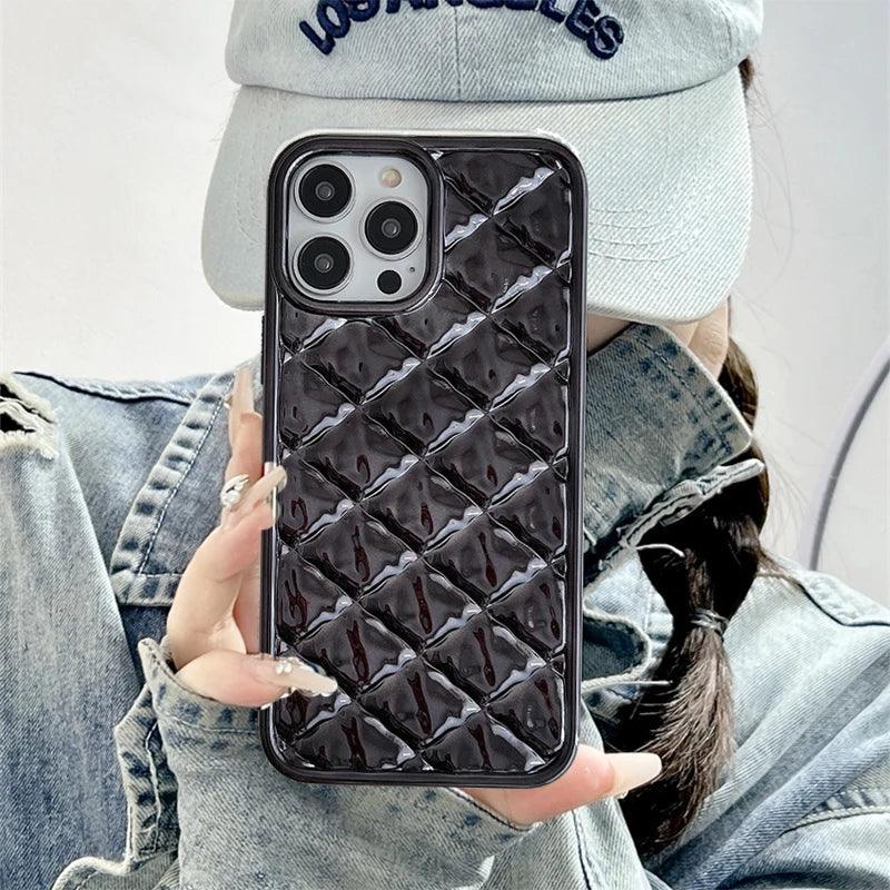 TSP23 Cute Phone Cases for iPhone 15 Pro Max, 14, 13, 11, and 12 Plus - Electroplate Black Fold Diamond Shape - Touchy Style