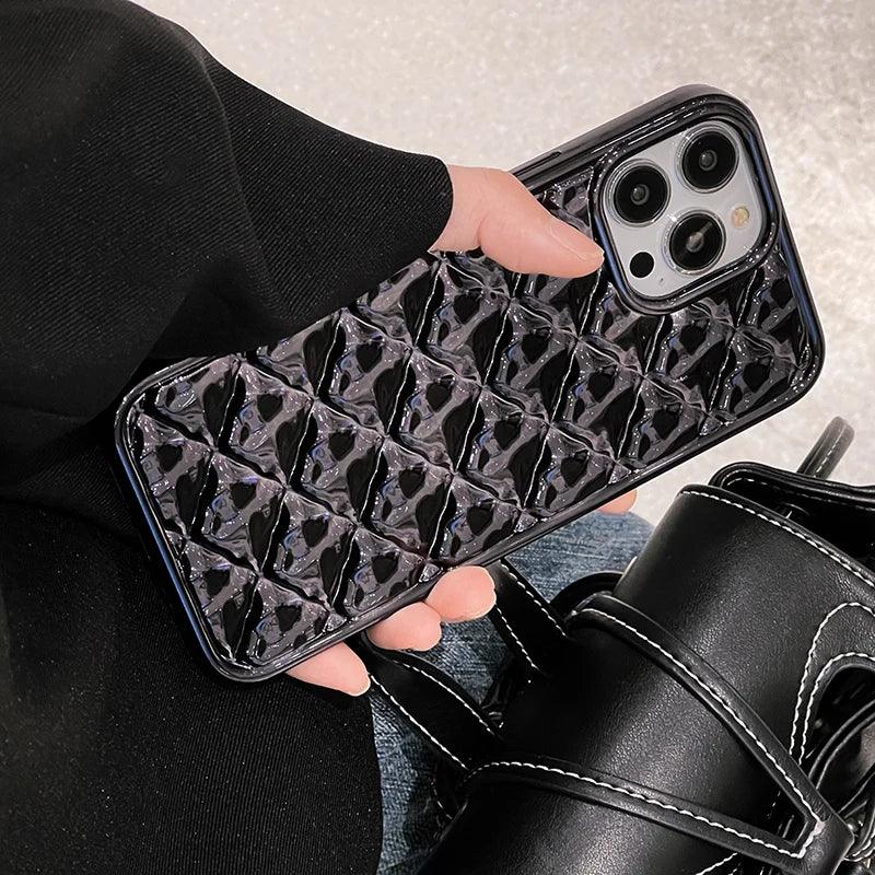 TSP23 Cute Phone Cases for iPhone 15 Pro Max, 14, 13, 11, and 12 Plus - Electroplate Black Fold Diamond Shape - Touchy Style