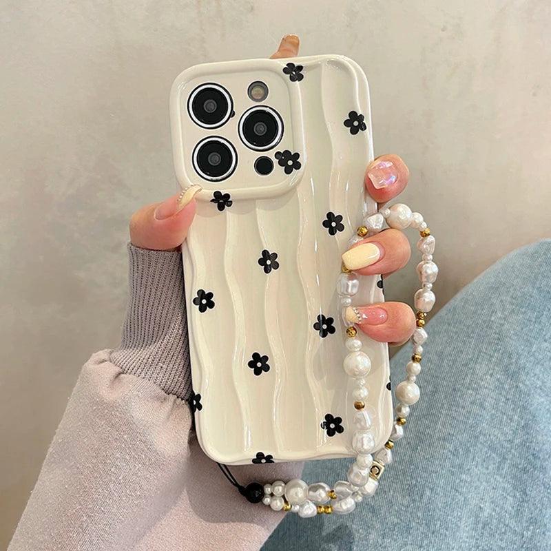 TSP49 Cute Phone Cases For iPhone 13, 11, 12, 14, and 15 Pro Max - Black Flowers 3D Wavy Pattern - Touchy Style