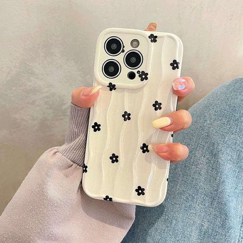 TSP49 Cute Phone Cases For iPhone 13, 11, 12, 14, and 15 Pro Max - Black Flowers 3D Wavy Pattern - Touchy Style