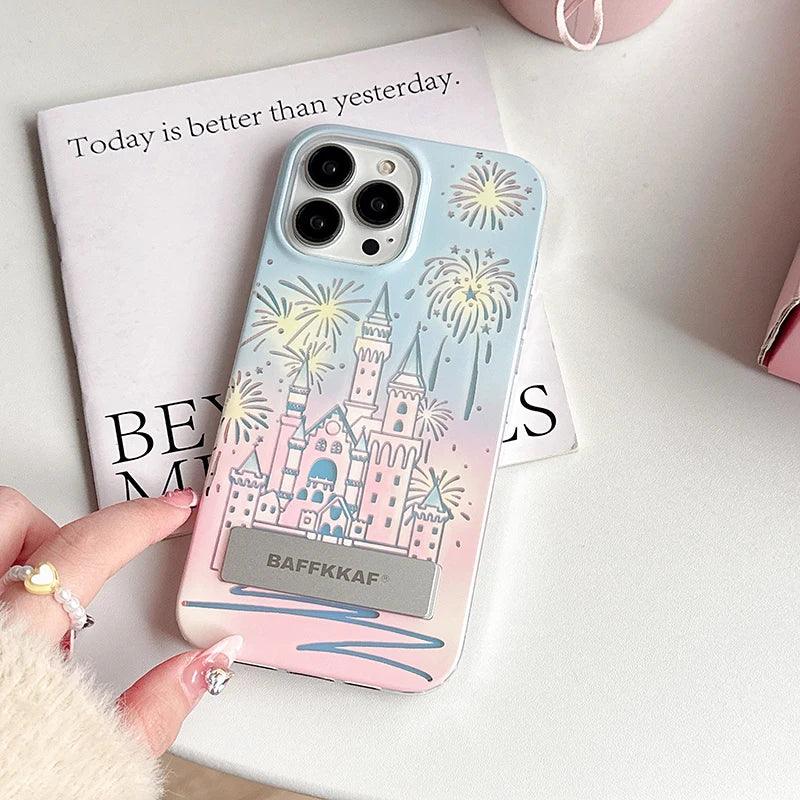 TSP58 Cute Phone Cases For iPhone 15 Pro Max, 14, 13, and 12 Pro Max - Fireworks Castle Design - With Holder Stand - Touchy Style