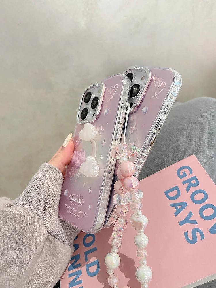 TSP63 Cute Phone Case For iPhone 15 Pro Max, 14, 13, or 11 - Plating 3D Dreamy Pearl, Stars, Clouds, and Moon Design - Touchy Style