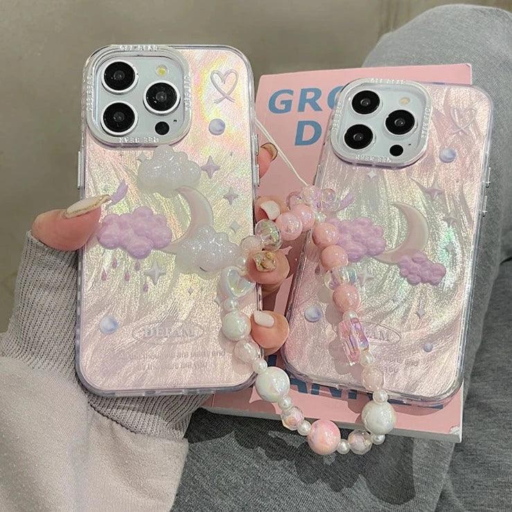 TSP63 Cute Phone Case For iPhone 15 Pro Max, 14, 13, or 11 - Plating 3D Dreamy Pearl, Stars, Clouds, and Moon Design - Touchy Style