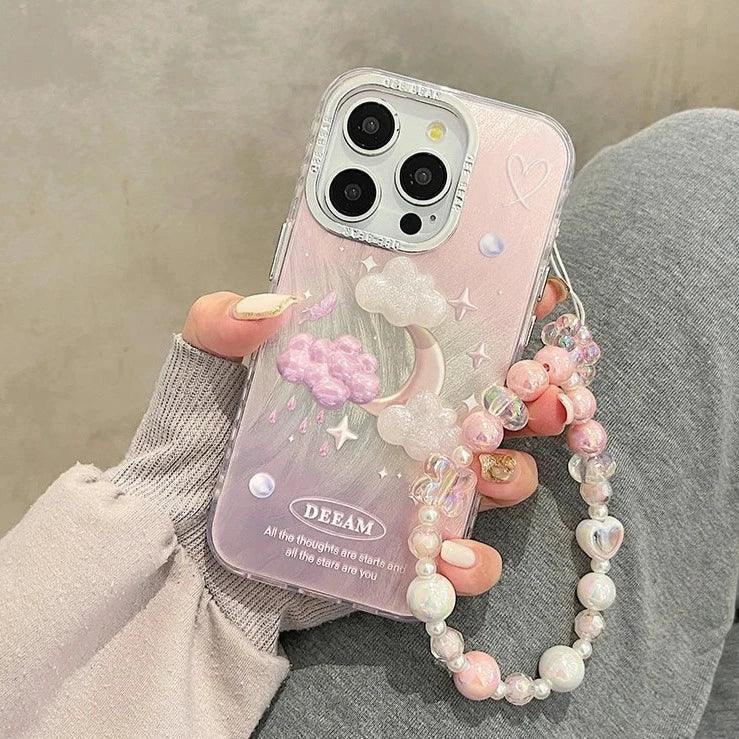 TSP63 Cute Phone Case For iPhone 15 Pro Max, 14, 13, or 11 - Plating 3D Dreamy Pearl, Stars, Clouds, and Moon Design - Touchy Style