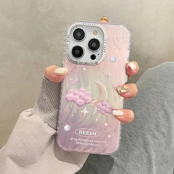 TSP63 Cute Phone Case For iPhone 15 Pro Max, 14, 13, or 11 - Plating 3D Dreamy Pearl, Stars, Clouds, and Moon Design - Touchy Style