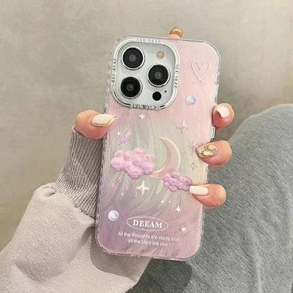 TSP63 Cute Phone Case For iPhone 15 Pro Max, 14, 13, or 11 - Plating 3D Dreamy Pearl, Stars, Clouds, and Moon Design - Touchy Style