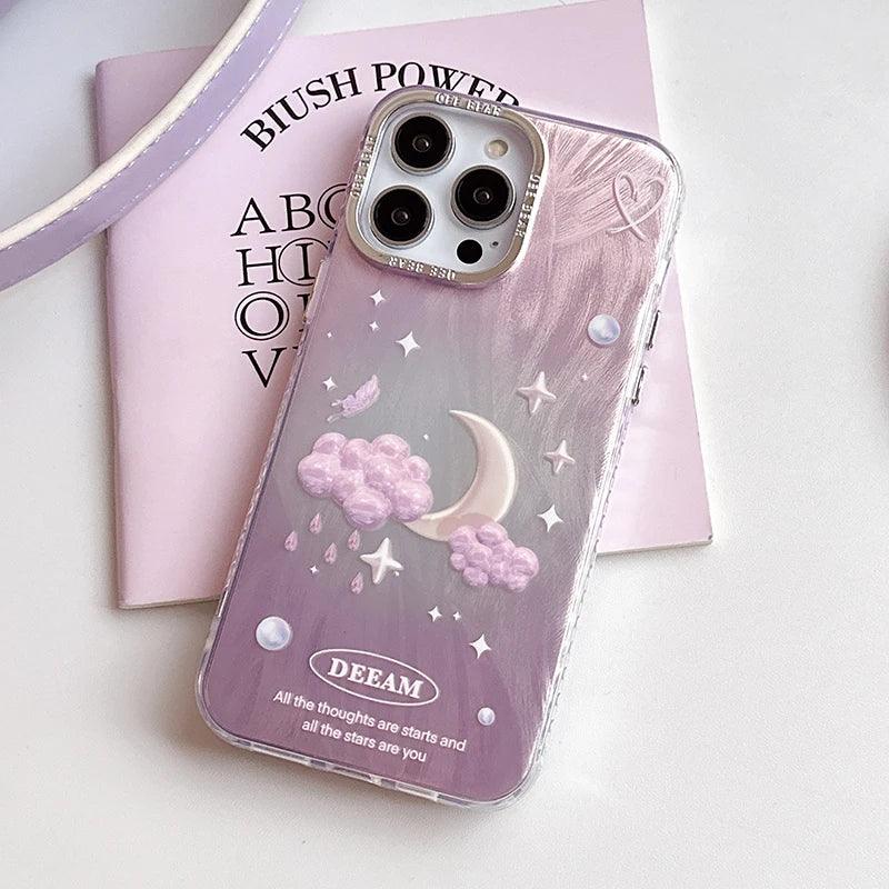 TSP63 Cute Phone Case For iPhone 15 Pro Max, 14, 13, or 11 - Plating 3D Dreamy Pearl, Stars, Clouds, and Moon Design - Touchy Style