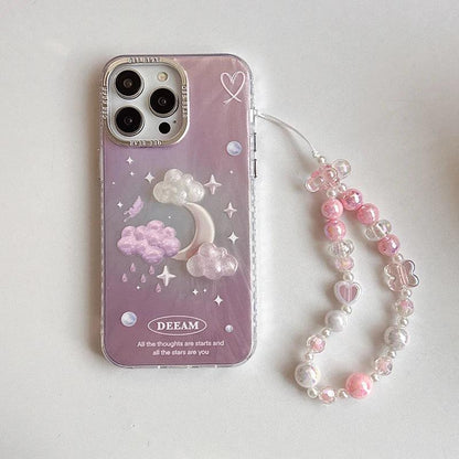 TSP63 Cute Phone Case For iPhone 15 Pro Max, 14, 13, or 11 - Plating 3D Dreamy Pearl, Stars, Clouds, and Moon Design - Touchy Style