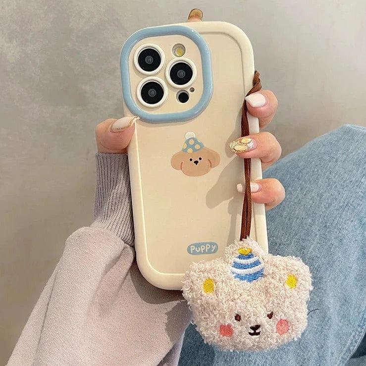 TSP66 Cute Phone Cases For 11, 12, 13, 14, 15 Pro Max XS XR X 7, 8, and 15 Plus - Cartoon Puppy With Plush Lanyard - Touchy Style