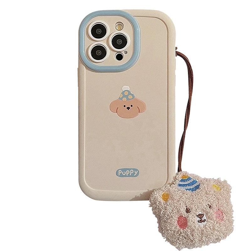 TSP66 Cute Phone Cases For iPhone 11, 12, 13, 14, 15 Pro Max XS XR X 7, 8, and 15 Plus - Cartoon Puppy With Plush Lanyard - Touchy Style