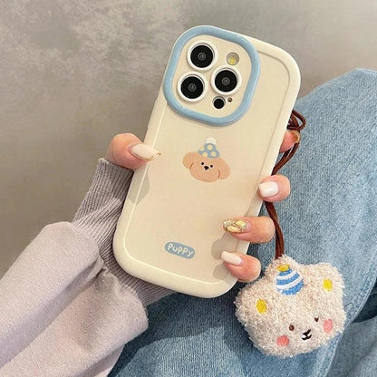 TSP66 Cute Phone Cases For iPhone 11, 12, 13, 14, 15 Pro Max XS XR X 7, 8, and 15 Plus - Cartoon Puppy With Plush Lanyard - Touchy Style