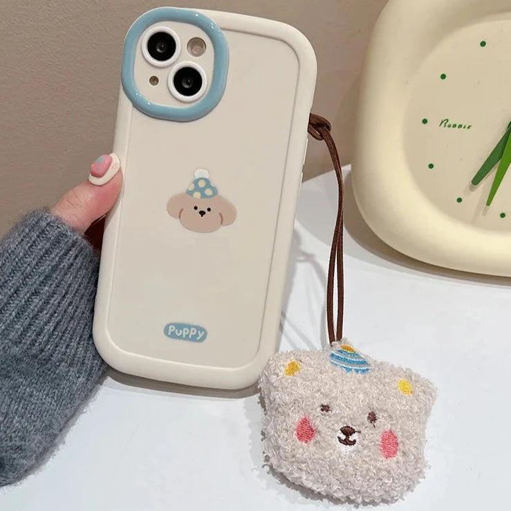 TSP66 Cute Phone Cases For iPhone 11, 12, 13, 14, 15 Pro Max XS XR X 7, 8, and 15 Plus - Cartoon Puppy With Plush Lanyard - Touchy Style