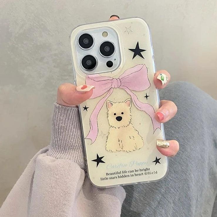 TSP67 Cute Phone Case For iPhone 15 Pro Max, 11, 12, 13, 14, and 15 Plus - Lovey Bowknot Dog Design - Touchy Style