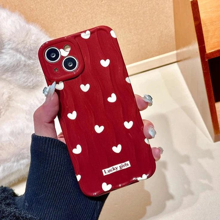 TSP69 Cute Phone Case For iPhone 11, 12, 13, 14, 15 Pro Max - Stylish Red Hearts - Wavy Pattern - Touchy Style