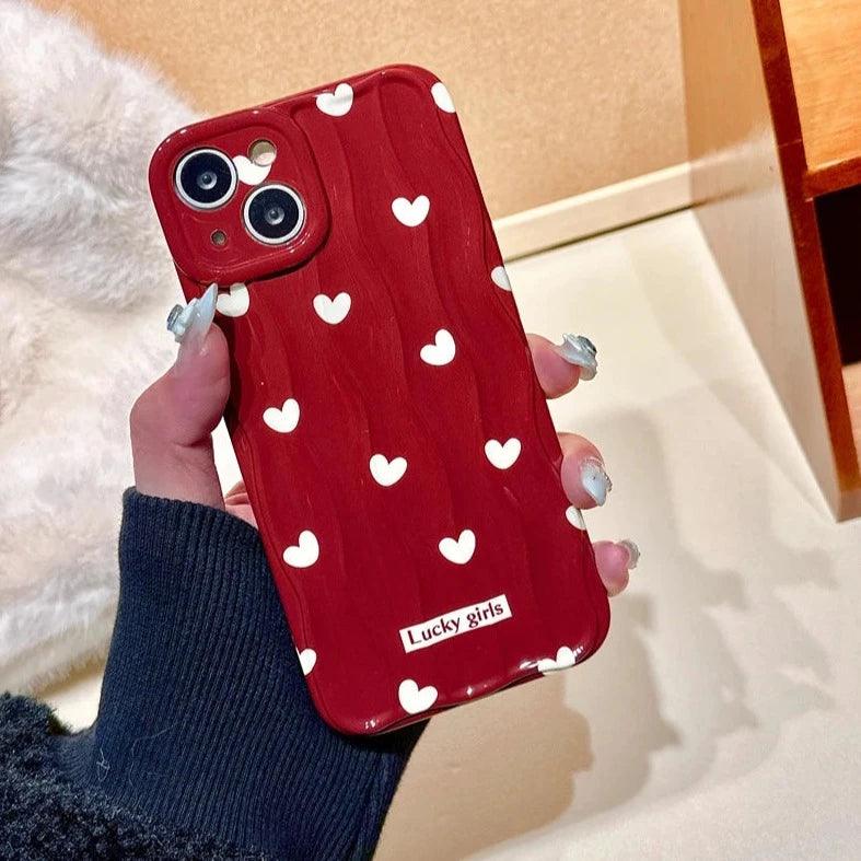 TSP69 Cute Phone Case For iPhone 11, 12, 13, 14, 15 Pro Max - Stylish Red Hearts - Wavy Pattern - Touchy Style