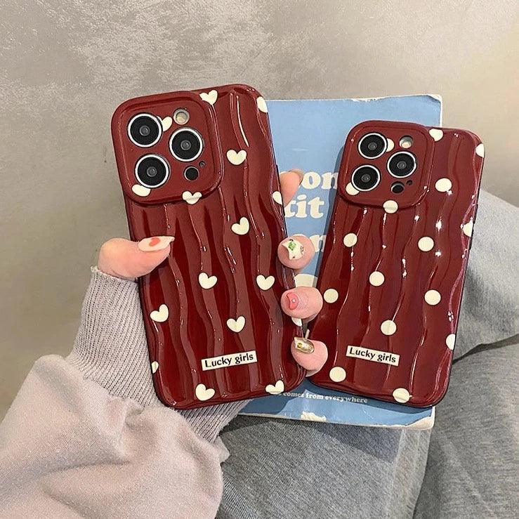 TSP69 Cute Phone Case For iPhone 11, 12, 13, 14, 15 Pro Max - Stylish Red Hearts - Wavy Pattern - Touchy Style