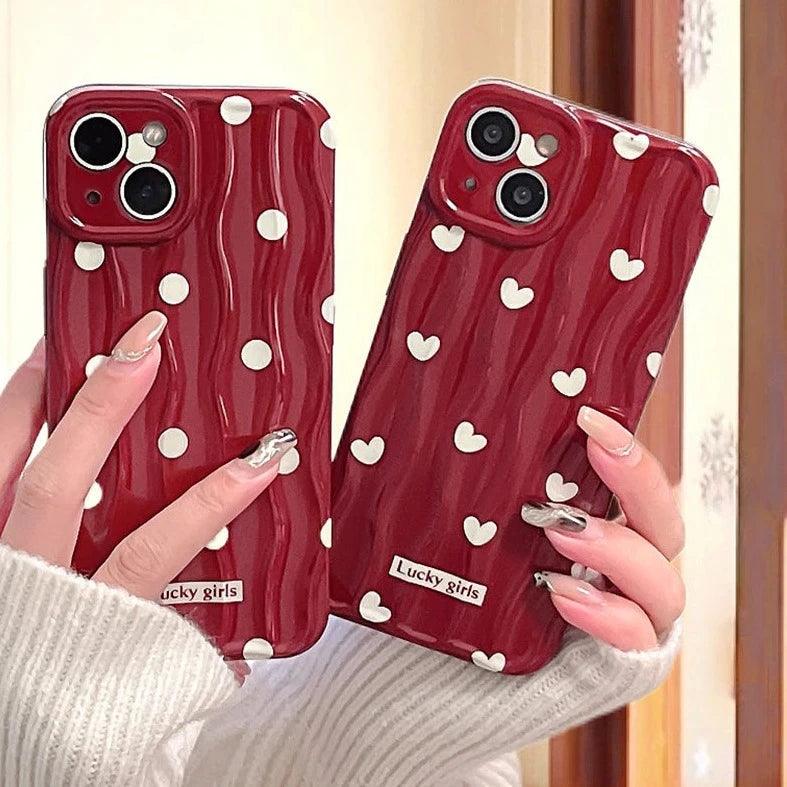 TSP69 Cute Phone Case For iPhone 11, 12, 13, 14, 15 Pro Max - Stylish Red Hearts - Wavy Pattern - Touchy Style