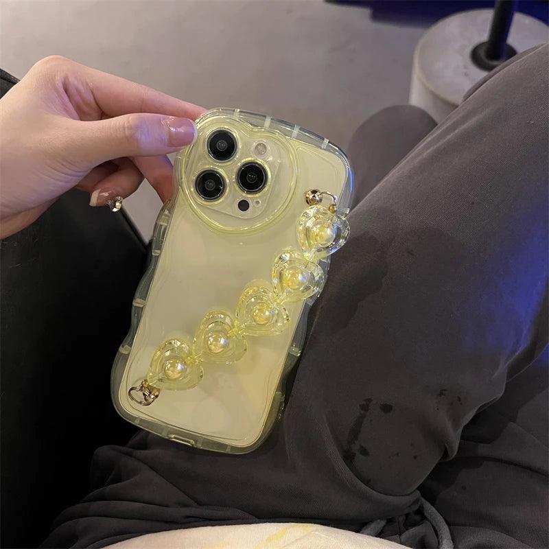 TSP7 Cute Phone Case for iPhone 15, 14, 12, 13 Pro Max, 11, X, XR, or XS - Wavy Transparent Pattern With 3D Heart Wrist Chian - Touchy Style