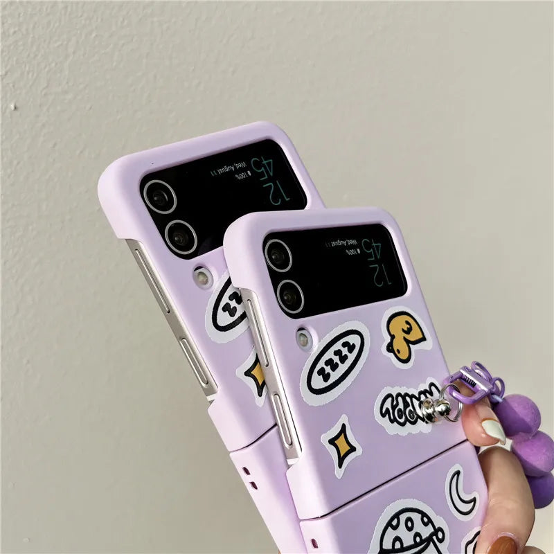 TSP76 Cute Phone Cases For Galaxy Z Flip 3 4 Flip4 5G - Cartoon Purple Cover With Lanyard - Touchy Style