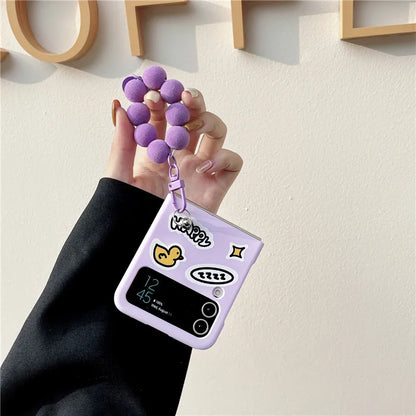 TSP76 Cute Phone Cases For Galaxy Z Flip 3 4 Flip4 5G - Cartoon Purple Cover With Lanyard - Touchy Style