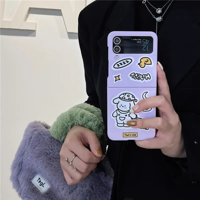 TSP76 Cute Phone Cases For Galaxy Z Flip 3 4 Flip4 5G - Cartoon Purple Cover With Lanyard - Touchy Style