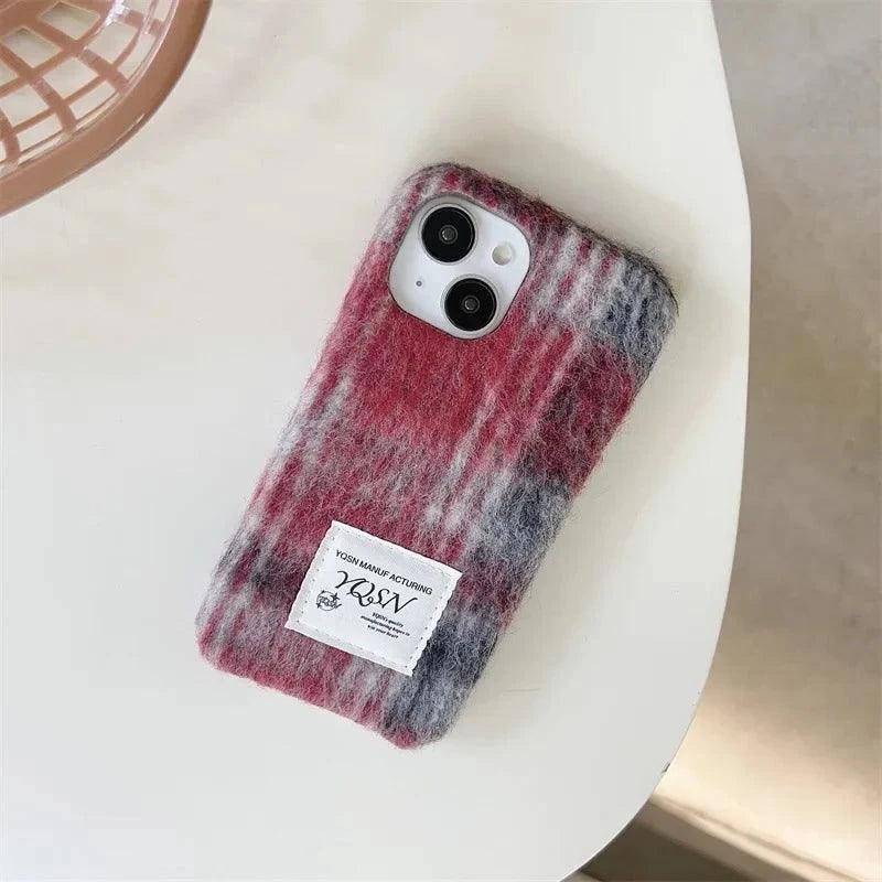 TSP80 Cute Phone Cases For iPhone 15, 11, 14 Pro Max, and 13, 12 - Stylish Woolen Plush Plaid Cover - Touchy Style