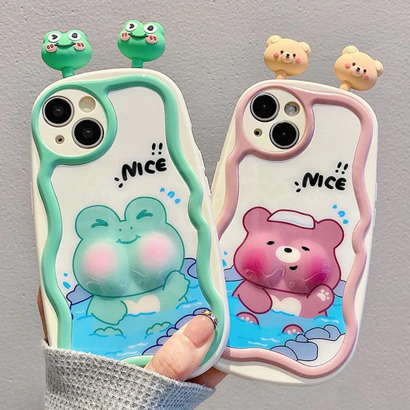 TSP88 Cute Phone Cases For iPhone 11, 12, 13, 14, 15 Pro Max - 3D Swimming Bear Frog Pattern - Wavy Cover - Touchy Style