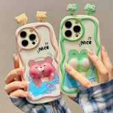 TSP88 Cute Phone Cases For iPhone 11, 12, 13, 14, 15 Pro Max - 3D Swimming Bear Frog Pattern - Wavy Cover - Touchy Style