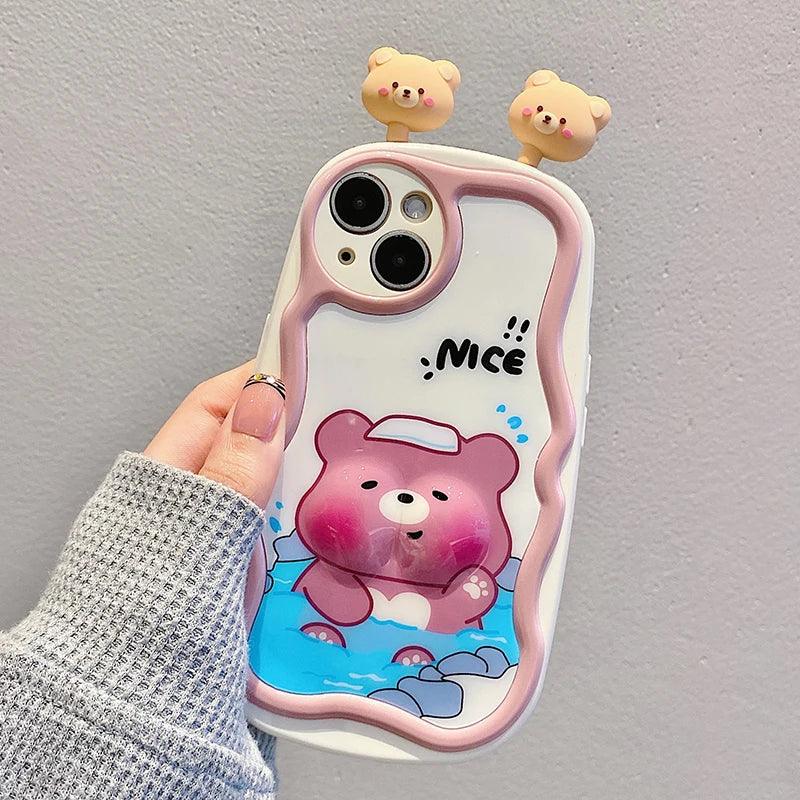 TSP88 Cute Phone Cases For iPhone 11, 12, 13, 14, 15 Pro Max - 3D Swimming Bear Frog Pattern - Wavy Cover - Touchy Style