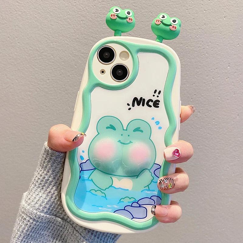 TSP88 Cute Phone Cases For iPhone 11, 12, 13, 14, 15 Pro Max - 3D Swimming Bear Frog Pattern - Wavy Cover - Touchy Style