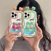 TSP88 Cute Phone Cases For iPhone 11, 12, 13, 14, 15 Pro Max - 3D Swimming Bear Frog Pattern - Wavy Cover - Touchy Style