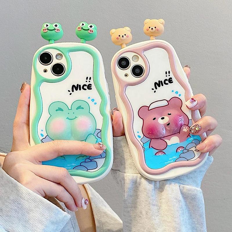 TSP88 Cute Phone Cases For iPhone 11, 12, 13, 14, 15 Pro Max - 3D Swimming Bear Frog Pattern - Wavy Cover - Touchy Style