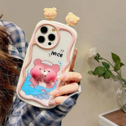 TSP88 Cute Phone Cases For iPhone 11, 12, 13, 14, 15 Pro Max - 3D Swimming Bear Frog Pattern - Wavy Cover - Touchy Style