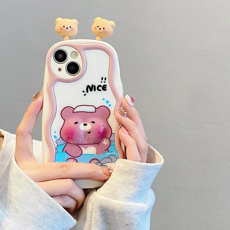 TSP88 Cute Phone Cases For iPhone 11, 12, 13, 14, 15 Pro Max - 3D Swimming Bear Frog Pattern - Wavy Cover - Touchy Style