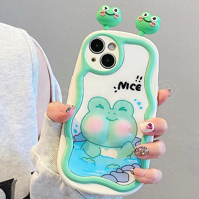 TSP88 Cute Phone Cases For iPhone 11, 12, 13, 14, 15 Pro Max - 3D Swimming Bear Frog Pattern - Wavy Cover - Touchy Style