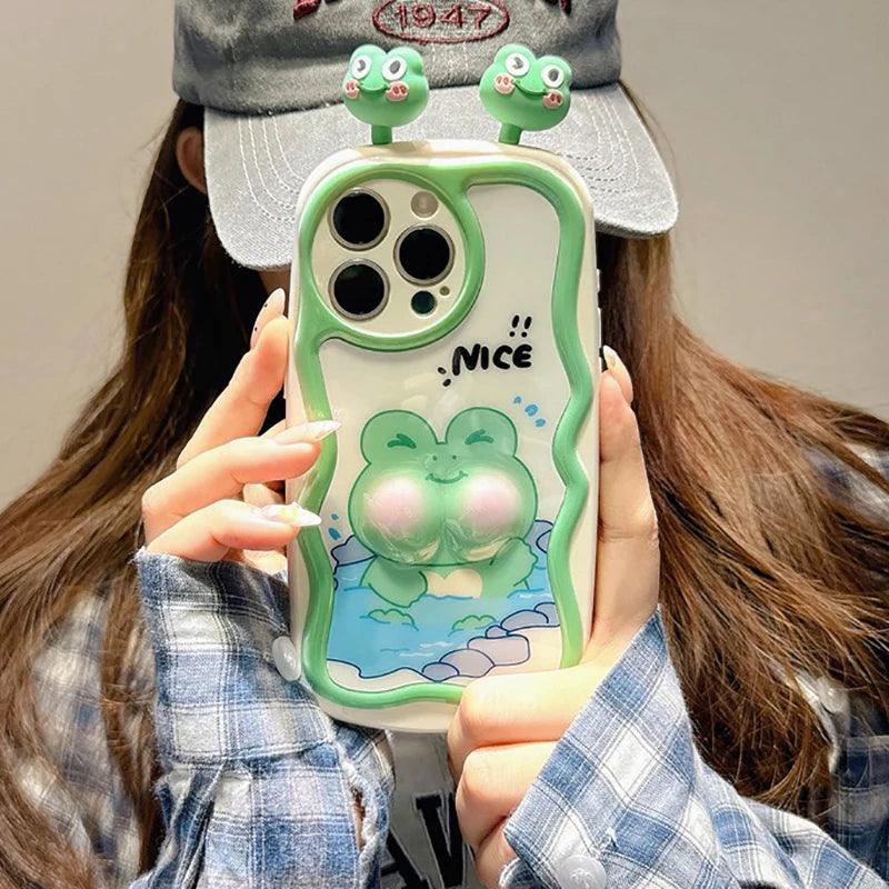 TSP88 Cute Phone Cases For iPhone 11, 12, 13, 14, 15 Pro Max - 3D Swimming Bear Frog Pattern - Wavy Cover - Touchy Style