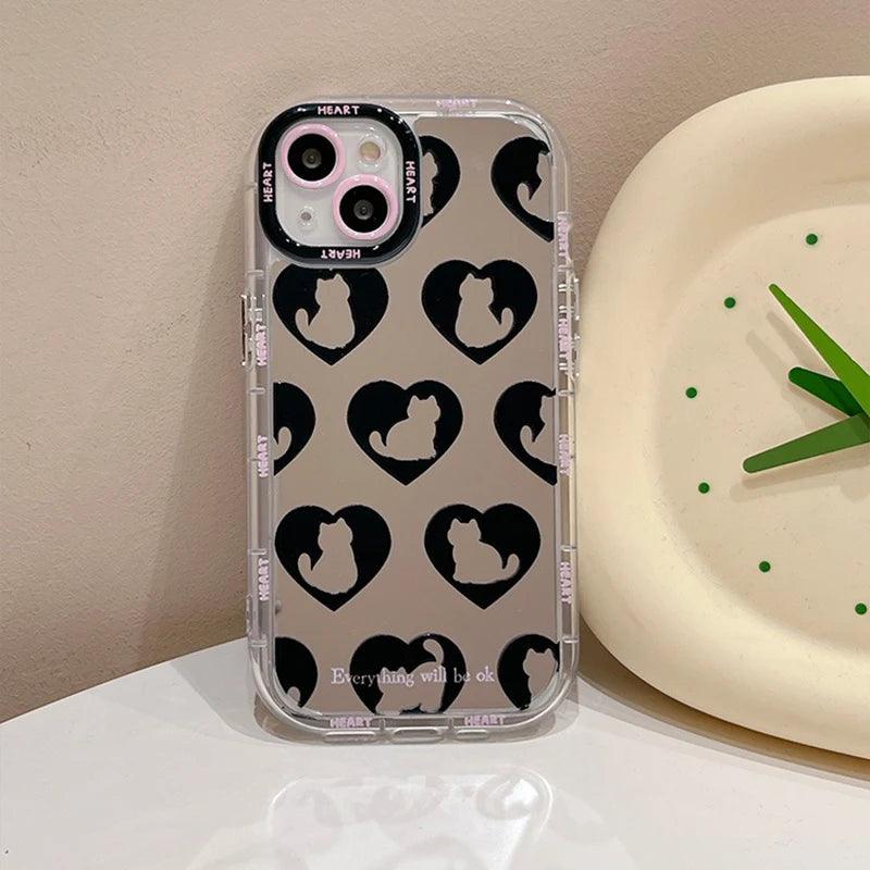 TSP90 Cute Phone Cases For iPhone 15 Pro Max, 14, 13, 11, and 12 - Cat Heart Plating Mirror Back Cover - Touchy Style