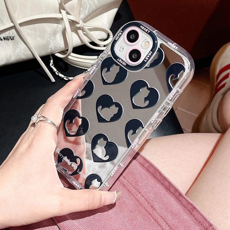 TSP90 Cute Phone Cases For iPhone 15 Pro Max, 14, 13, 11, and 12 - Cat Heart Plating Mirror Back Cover - Touchy Style