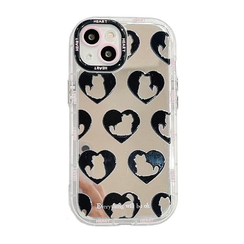 TSP90 Cute Phone Cases For iPhone 15 Pro Max, 14, 13, 11, and 12 - Cat Heart Plating Mirror Back Cover - Touchy Style