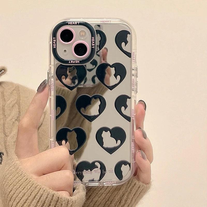 TSP90 Cute Phone Cases For iPhone 15 Pro Max, 14, 13, 11, and 12 - Cat Heart Plating Mirror Back Cover - Touchy Style