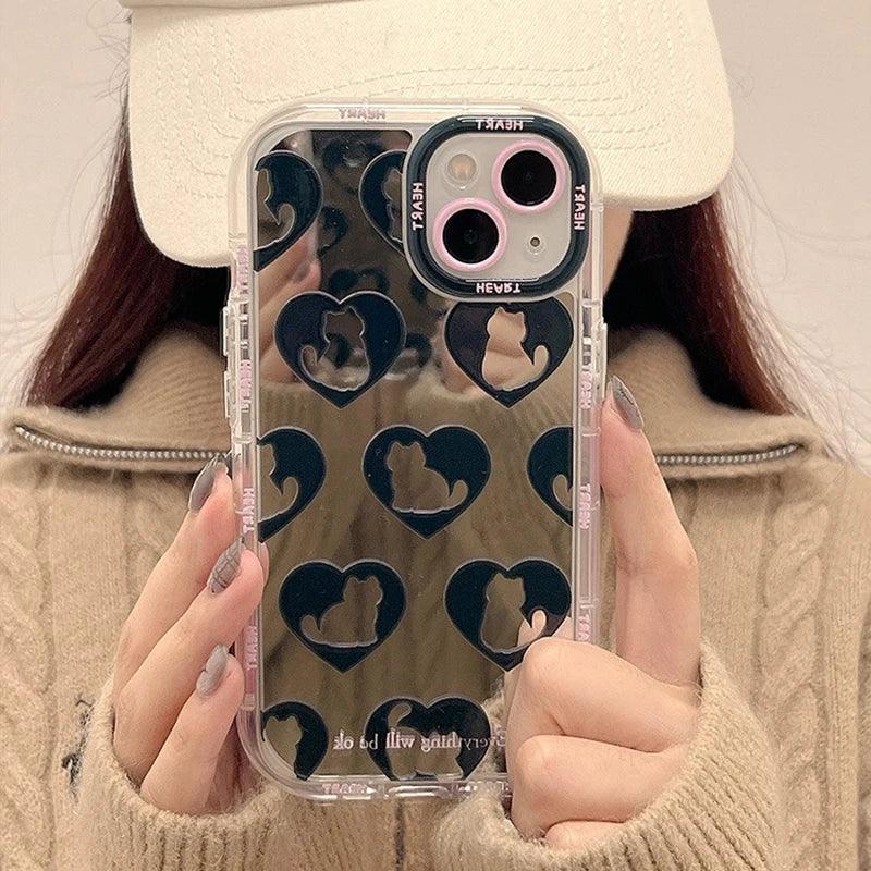 TSP90 Cute Phone Cases For iPhone 15 Pro Max, 14, 13, 11, and 12 - Cat Heart Plating Mirror Back Cover - Touchy Style