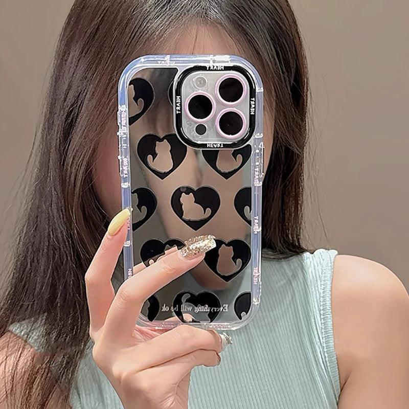 TSP90 Cute Phone Cases For iPhone 15 Pro Max, 14, 13, 11, and 12 - Cat Heart Plating Mirror Back Cover - Touchy Style