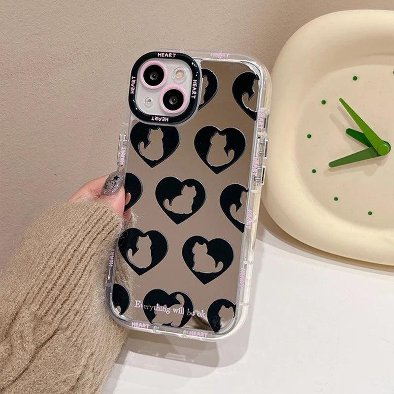 TSP90 Cute Phone Cases For iPhone 15 Pro Max, 14, 13, 11, and 12 - Cat Heart Plating Mirror Back Cover - Touchy Style